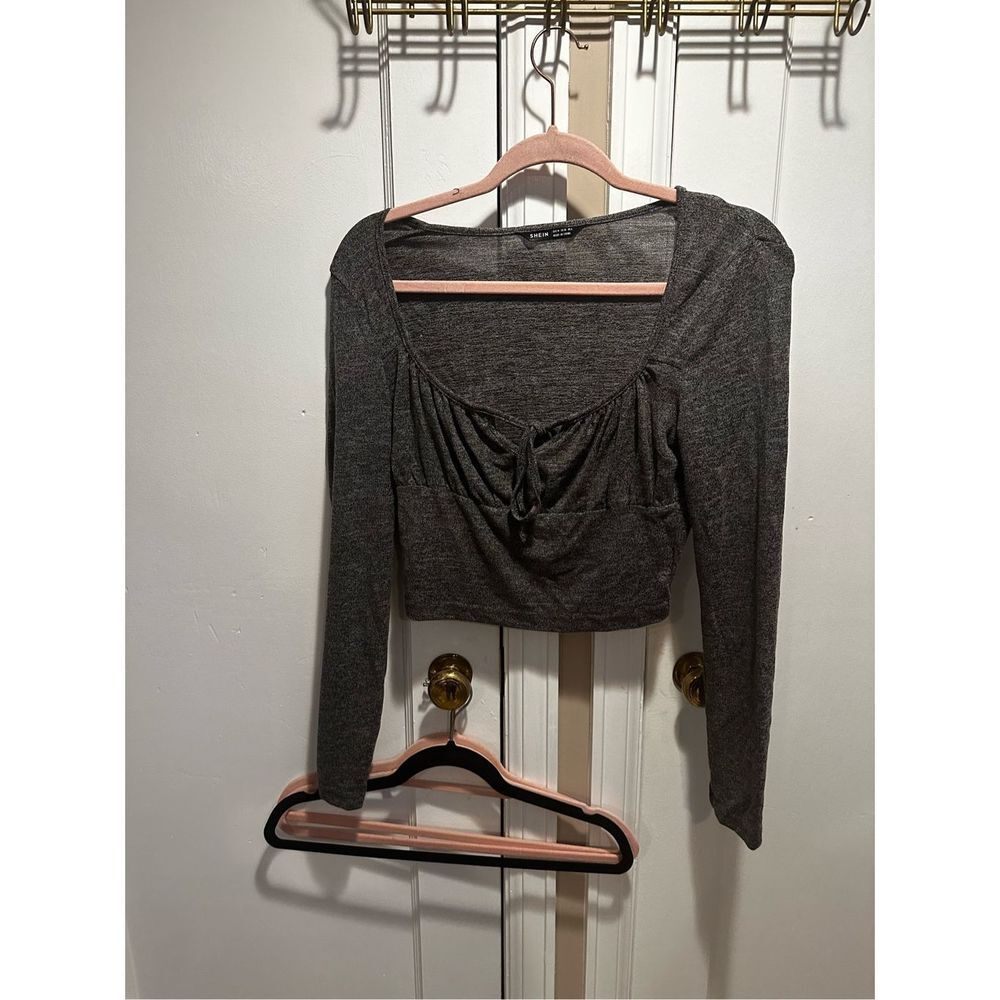 Shein Grey Marled Knitted  Bustier Top Long Sleeve Crop Sweater Large